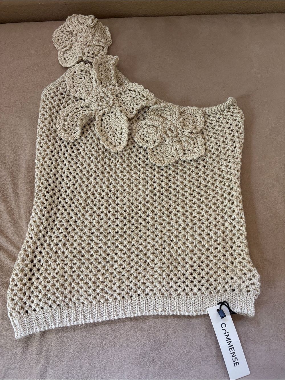 Commense Cream Crochet Off-Shoulder Floral Knit Top